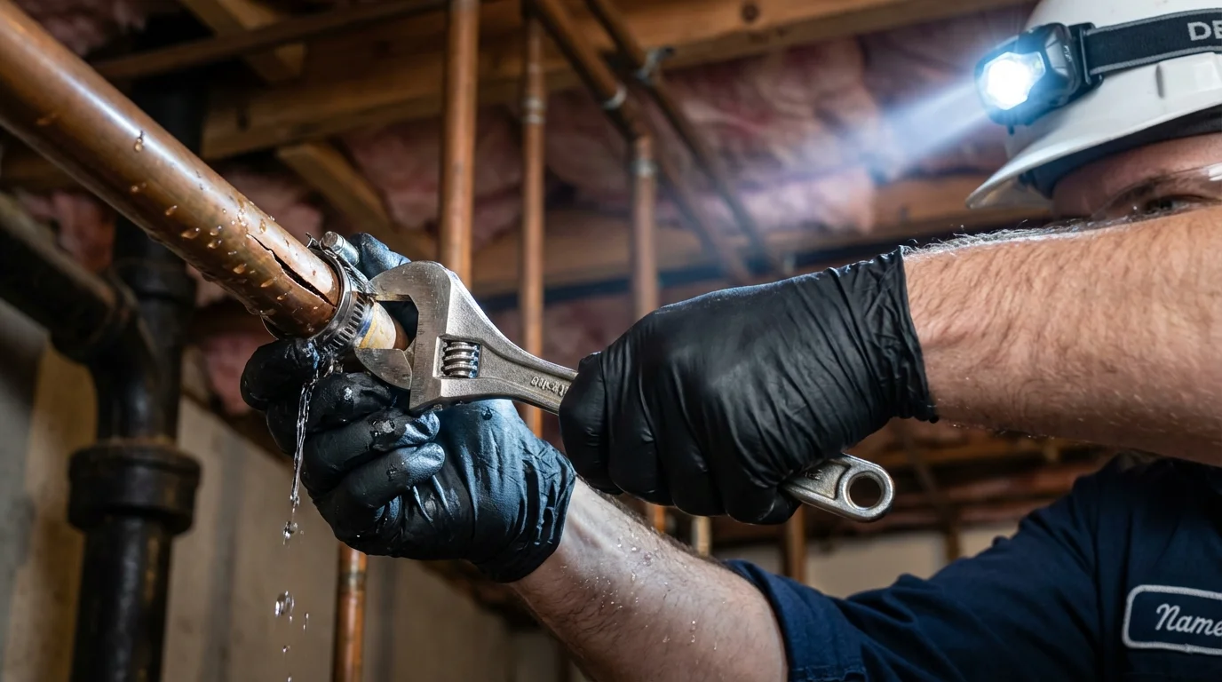 Emergency pipe clamp repair being performed by a Johns Plumbing LLC plumber in Peotone